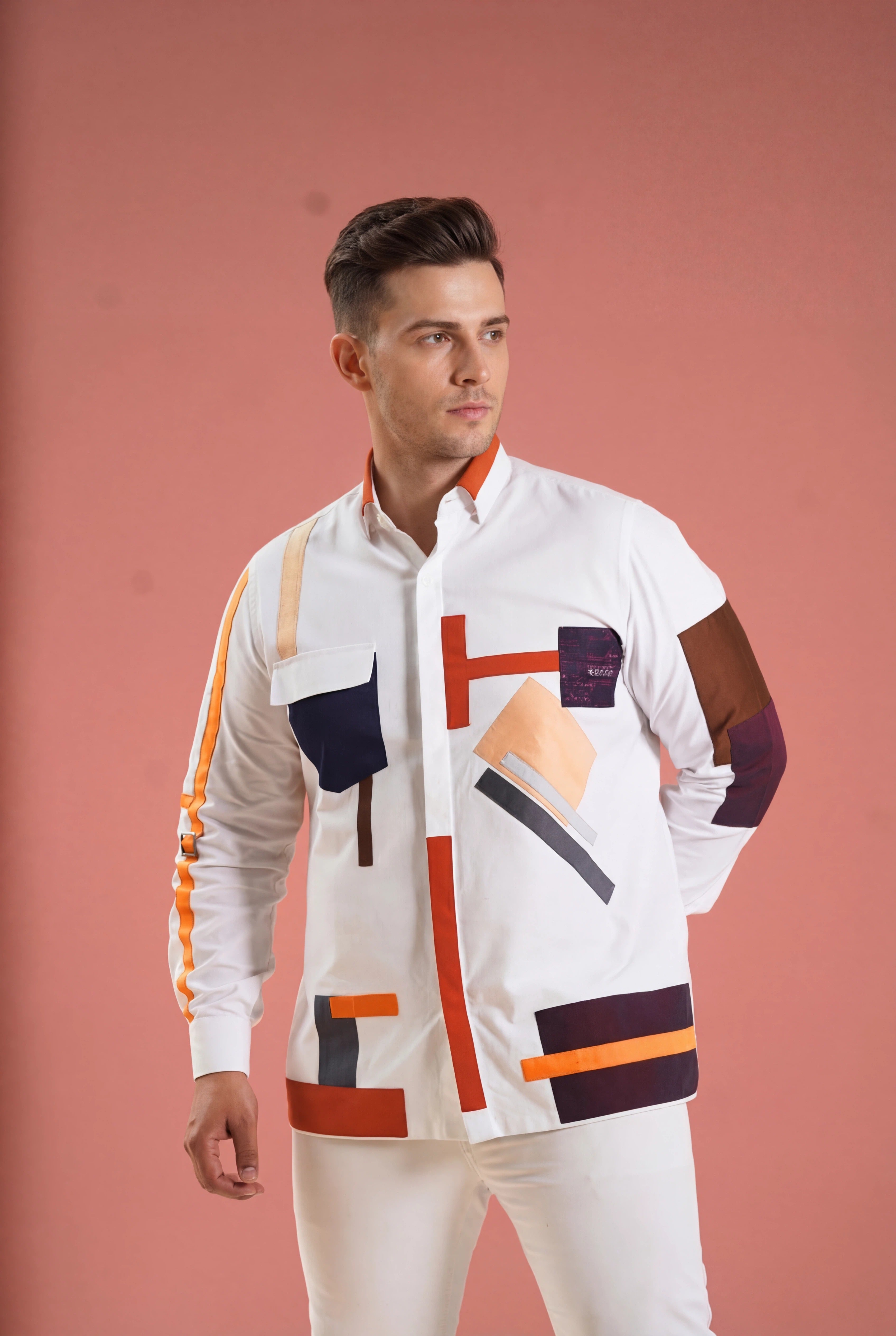 Mens Black Silver Geometric Shirt | Designer Linear Taping Shirt